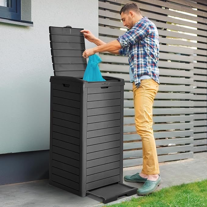 DWVO 38 Gallon Large Outdoor Trash Can, Waterproof Resin Hideaway Garbage Bin with Lid and Drip Tray, Outside Trash Bin for Porch, Backyard, Deck, Patio, Poolside, Easy to Clean, Black