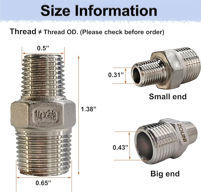 ZOUNI Reducing Hex Nipple, 304 Stainless Steel 3/8" NPT Male x 1/4" NPT Male Pipe Fitting Reducer Nipple Adapter 2000psi Reducer Straight Connector (2pcs, 3/8-1/4)