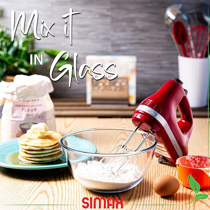 SIMAX Glass Mixing Bowl, 1.8 Quart Clear Glass, Modern, Contemporary, Oven & Microwave Safe, Mixing, Serving, Baking