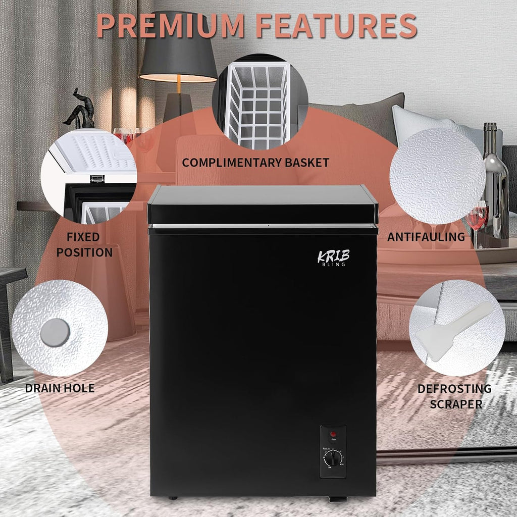 3.5 Cu.Ft Compact Chest Freezer with Removable Basket, Top Door Open Freestanding Deep Freezer with 7 Gears Temperature Adjustment, Ideal for Home, Kitchen & Office, Black