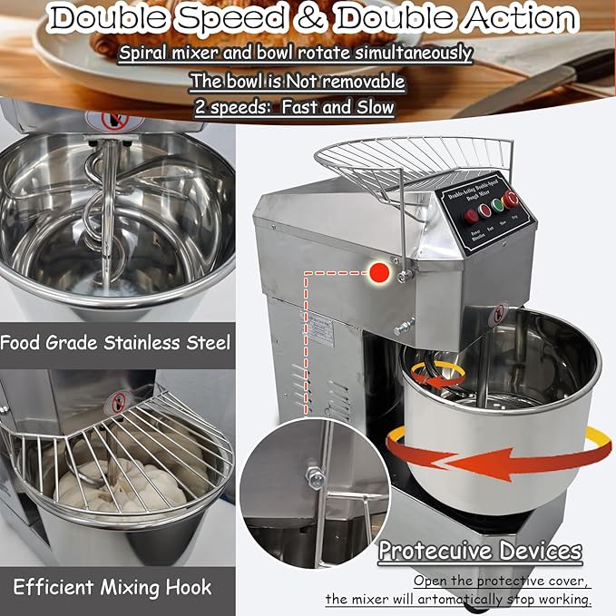 INTSUPERMAI Commercial Dough Mixer Machine Electric Food Mixer with Double Action Double Speed Spiral Mixing for Schools Bakeries Restaurants Pizzerias 110V 20L Capacity