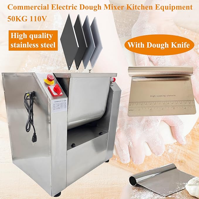 Dough Mixer 110V Commercial Food Mixer Stainless Steel Dough Kneading Machine 90 Degree Tilt Flour Mixing Machine 110lbs Kneading Capacity for Schools Restaurants