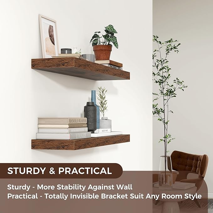 Floating Shelves for Wall 24"W x 6.7"D x 1.37"H, Engineered Wood Wall Shelves with Invisible Brackets for Living Room Bedroom Bathroom Office Kitchen Decor and Storage, Rustic Brown Finish, Set of 2