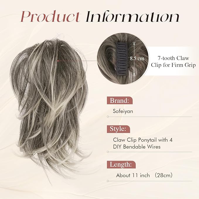 SOFEIYAN Claw Clip Short Ponytail Extension DIY Bendable Wires Hair Bun Fluffy Fake Hair Piece Straight Synthetic Hair Ponytail Extensions for Wonen - Ash Brown Mix