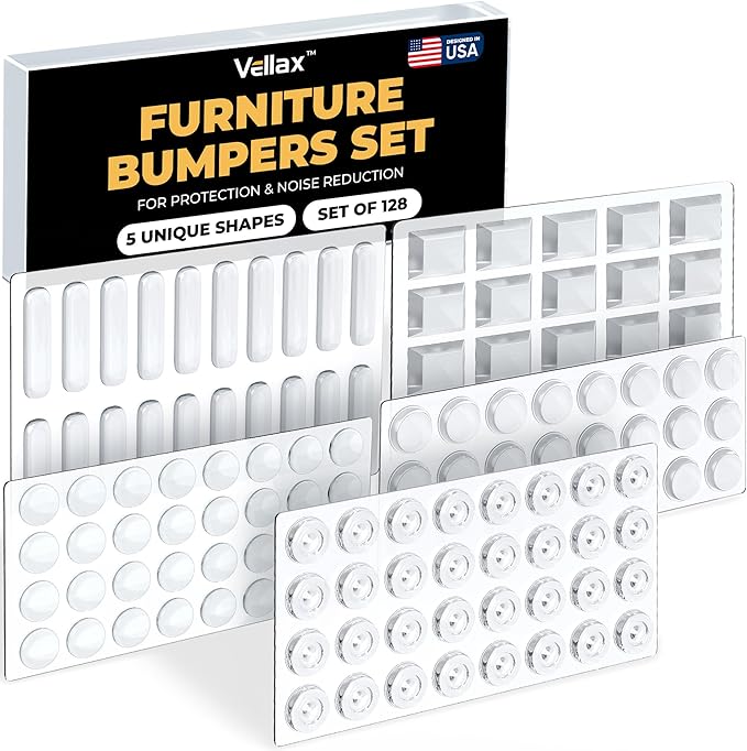 128 Clear Cabinet Bumper Pads – Self-Adhesive Silicone Set with 5 Unique Shapes for Doors, Drawers & Furniture – Premium Sound Dampening Pads for Surface Protection