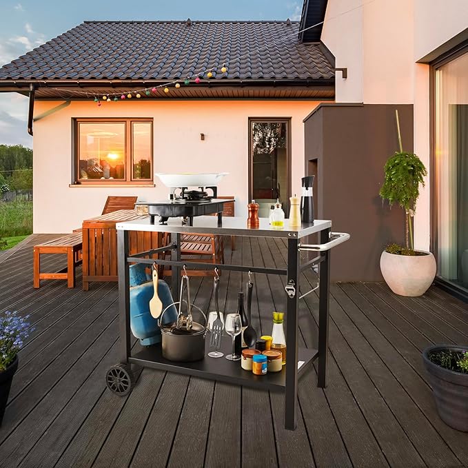 VEVOR Outdoor Grill Dining Cart with Double-Shelf, BBQ Movable Food Prep Table, Multifunctional Stainless Steel Table Top, Portable Modular Carts for Pizza Oven, Worktable with 2 Wheels, Carry Handle