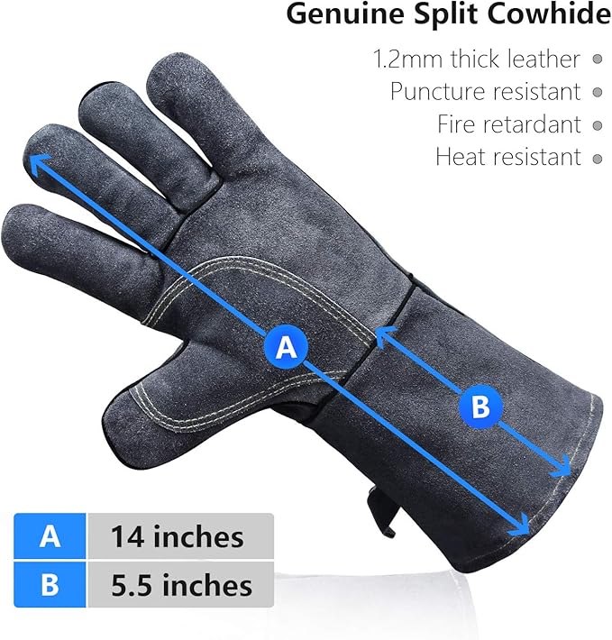 OZERO 932℉ Leather Forge Welding Gloves 14-inch Heat Resistant Grill BBQ Glove with Flame Retardant Long Sleeve and Insulated Lining for Men and Women Gray