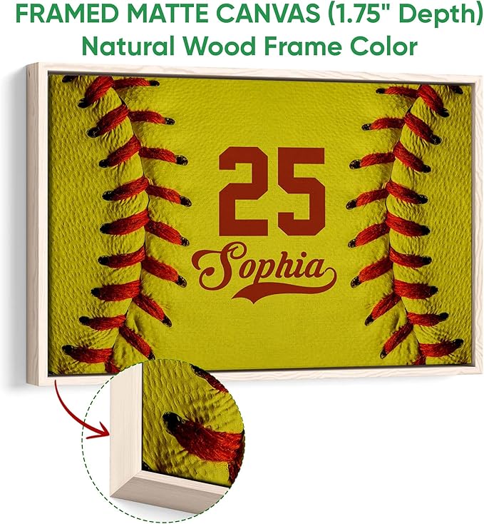 Personalized Softball Poster & Framed Canvas - Close Up Of Softball Ball Home Office Decor, Custom Name Number Bedroom Living Room Aesthetic Wall Art Gift For Daughter Girl, Women
