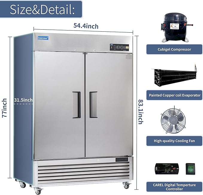 ICECASA 54"W Commercial Freezer Reach-in 49 Cu.ft 2 Solid Door Stainless Steel Commercial Freezer Fan Cooling for Restuarant, Bar, Shop, etc