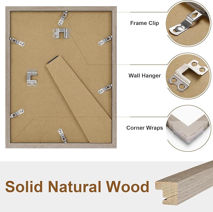 Vittanly 8.5x11 Picture Frame Set of 2, Solid Wood Frame for Wall or Tabletop, Display Photo 6x8 with Mat or 8.5x11 without Mat, Light Brown