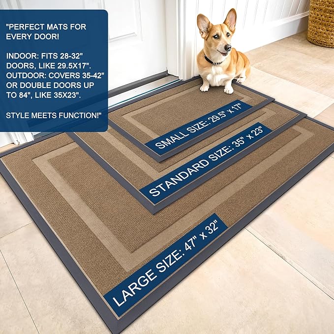 OLANLY Front Door Mat Indoor Outdoor Entrance, Waterproof All-Season, All-Weather Doormat, Sturdy Natural Rubber, Fade Resistant, Low Profile, Easy Clean Patio Porch Entryway Mat, 33x21, Light Brown