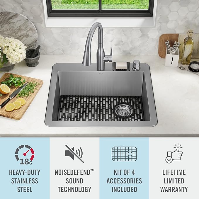 DELTA FAUCET Delta Marca 25 Inch Drop-In Undermount Stainless Steel Single Bowl Kitchen Sink with Accessories