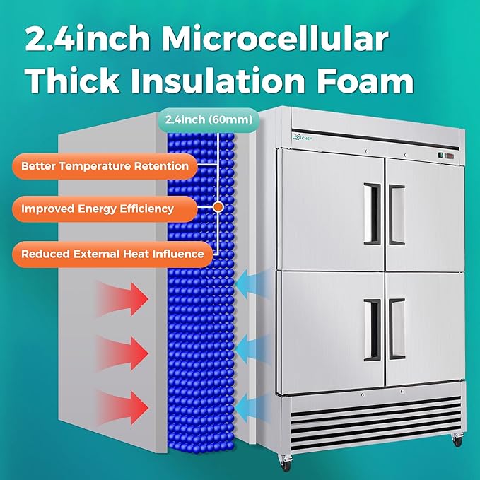 COOLCHEF 54" Commercial Refrigerator 49 Cu.Ft, Stainless Steel 4-Door Reach-in Fridge, 33–40℉, Air Cooling, LED Light, 6 Shelves, R290, ETL