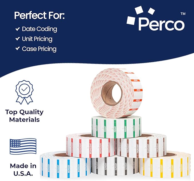 Perco 1 Line Day of The Week Labels - 7 Rolls (Full Week), 1 Sleeve, 7,000 Blank Dating Labels for Perco Lite, X, Plus and Pro 1 Line Date Guns