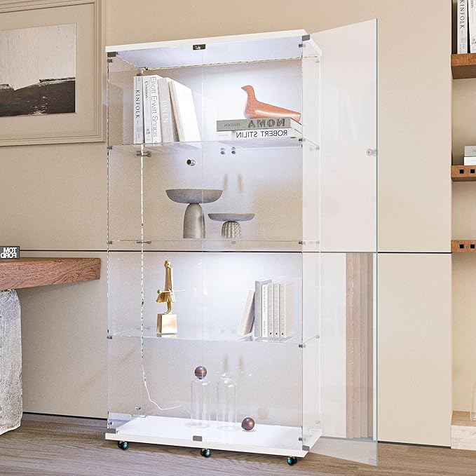 Yoluckea 4 Tiers Glass Display Cabinet with Bluetooth LED Light Strip, 2 Doors Floor Standing Curio Cabinet with Universal Wheel for Home Office Display, White Glass Bookshelf for Collections,Wood Top