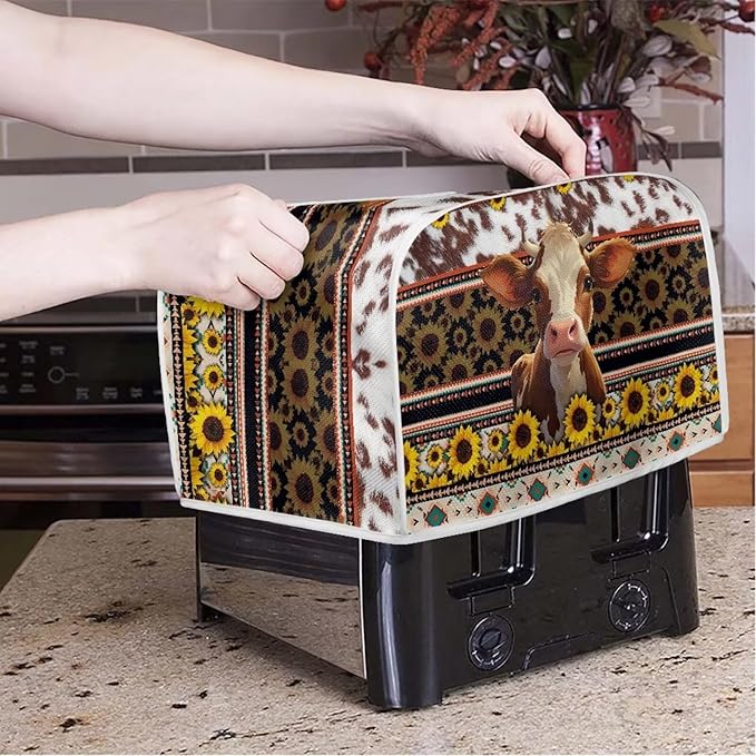 UNICEU Sunflower Cow 4 Slice Quilted Toaster Cover - Dust-proof Aztec Geometric Print Bread Maker Cover for Kitchen Small Appliances