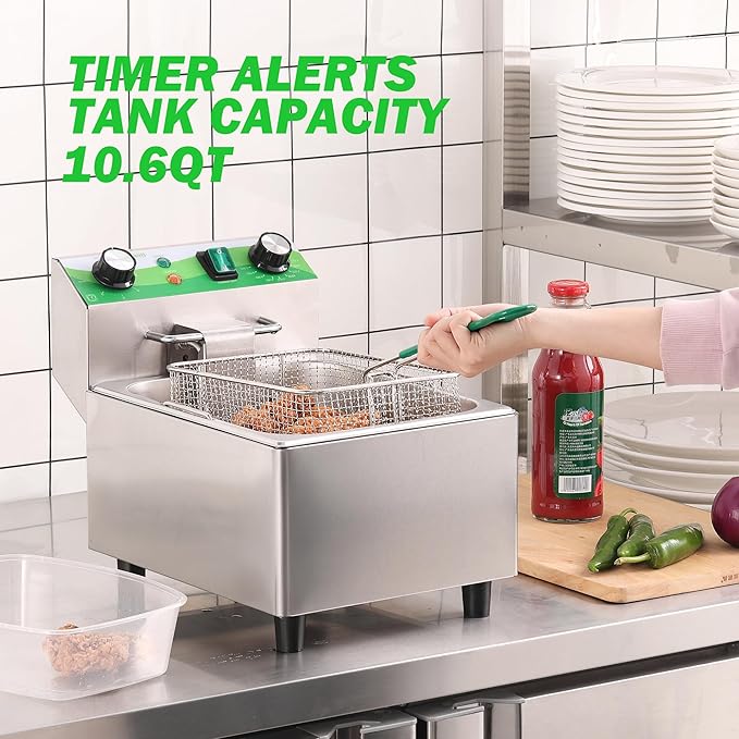 Electric Deep Fryer with Timer 10L/10.6QT Commercial Deep Fryer with Basket and Lid, Temp Control, 1700W/110V Stainless Steel Single Oil Fryer Countertop Fryer for Home and Restaurant Use
