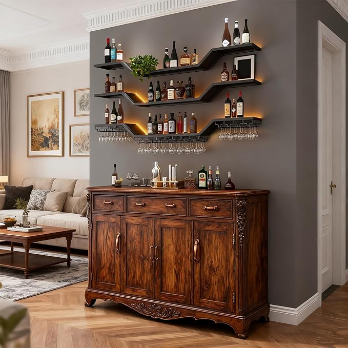 39.4in Modern LED Wine Rack Wall Mounted, 3-Tier Floating Bar Shelves with Wine Glass Rack, Large Hanging Liquor Shelf Wall Mounted, for Home Bar Dining Room Cafe Decorative (Black, 39.4in/100cm)