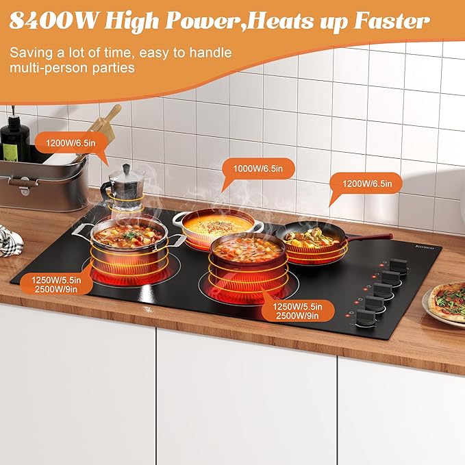 Karinear 36 Inch Electric Cooktop, Knob Control 5 Burner Electric Stove Top, Over-Temperature Protection, Hot Surface Indicator,36" Drop-in, Hard Wire 240V