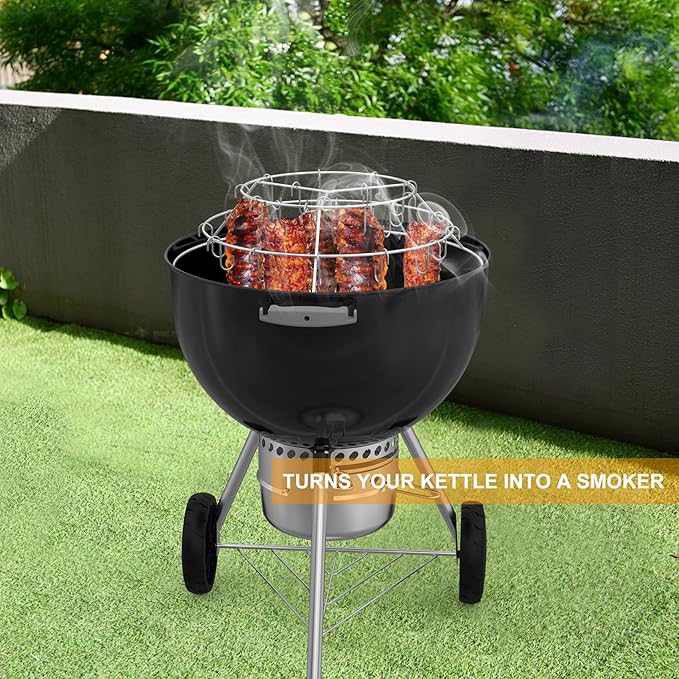 Onlyfire Rib Hanging System, Stainless Steel 3-Tier Rib Hanger with Removable Cooking Hooks, Barbecue Cooking Accessories for Weber 22 inch WSM Cooker & Weber 22 inch Kettle Grill