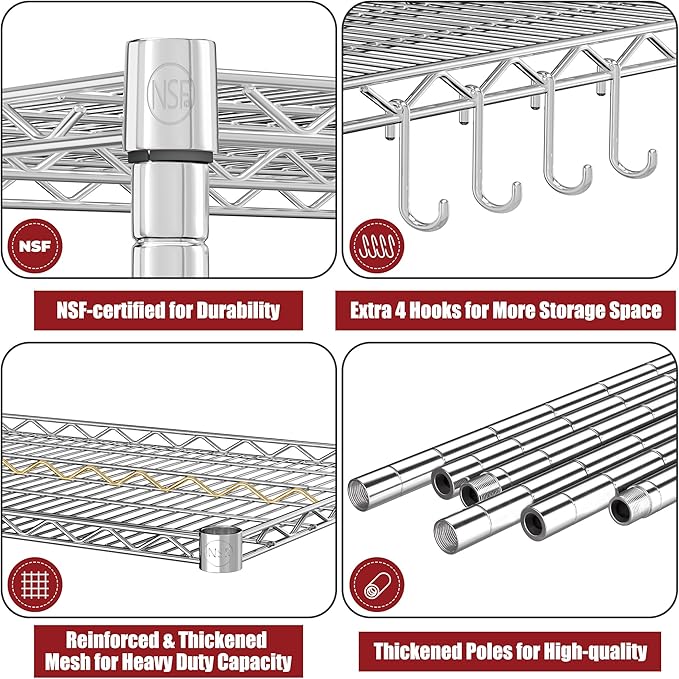 PrimeZone 4 Tier 55.5" Wx24 Dx76 H Wire Shelving with Wheels 2400lbs NSF Certified Storage Shelves Heavy Duty Metal Shelf Adjustable Rolling Rack Commercial Garage Restaurant Warehouse Chrome 2Pack