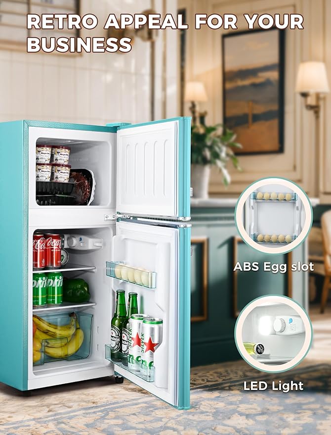 3.2 Cu.Ft Fridge with Freezer, Double Door Refrigerator with 7 Level Thermostat, LED Light, Adjustable Shelves, Food Storage Cooling Drink for Bedroom, Office, Dorm, Apartment, Blue