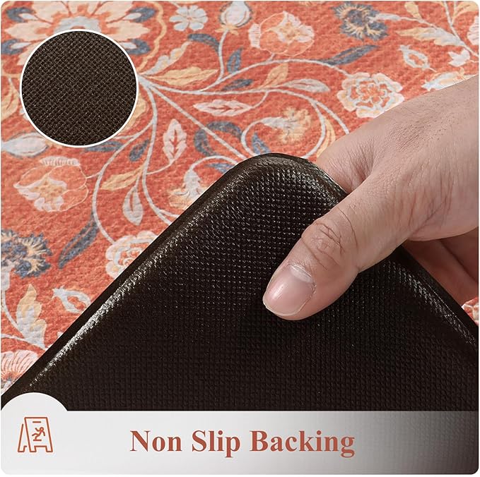 KIMODE Anti Fatigue Mat for Kitchen Floor Non Slip,Boho Vintage Floral Kitchen Rugs Sets of 2,Cushioned Memory Foam Waterproof Standing Carpet for Laundry Sink Home,Red