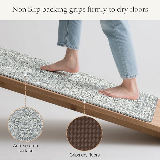 GENIMO Kitchen Mats for Floor, 2PCS Kitchen Rugs Non Slip Washable, Waterproof Anti Fatigue Mat, Comfort Standing Runner Rug for Sink, Office, Laundry, Home, 17.3"x59"+17.3"x30", Blue Grey