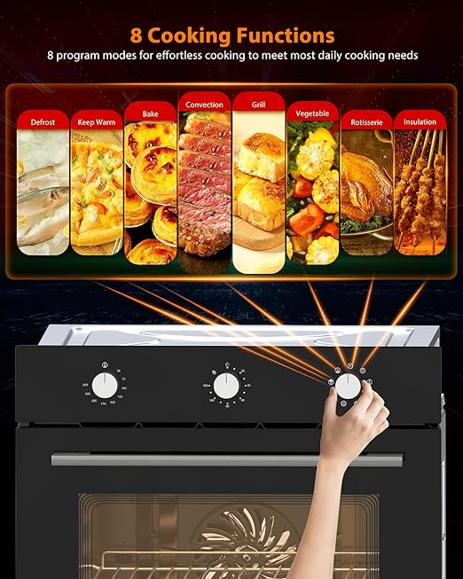 24 Inch Built-in Electric Single Wall Oven, 2.5 Cu.ft Stainless Steel Convection Oven with 8 Cooking Functions, Mechanical Knob Control, 500℉ Max Temperature, 3-Layer Tempered Glass Door
