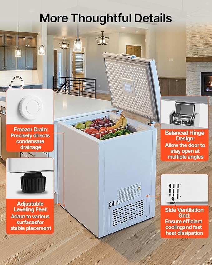 VEVOR Chest Freezer, 5 Cu.ft Compact Deep Freezer, Free Standing Top Open Door Chest Freezers with 2 Removable Baskets & Adjustable Thermostat - Energy Saving, Low Noise & Garage Ready, White