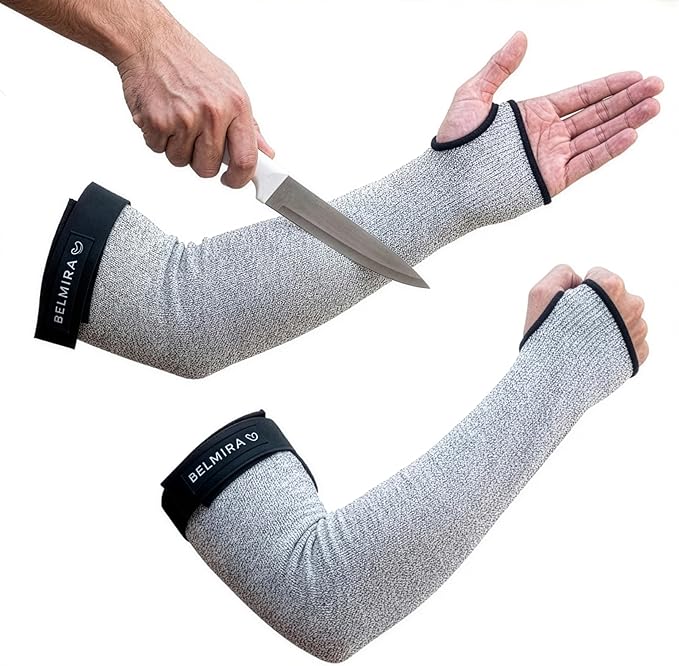 Belmira Cut Resistant Sleeves with Thumb Hole - ANSI A4 Arm Protectors for Thin Skin and bruising, Thorn Proof Gardening Sleeves for Men & Women With Adjustable Fit (1 Pair, 18", Grey)