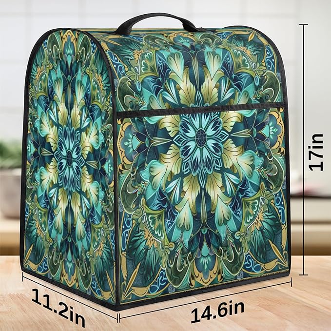 Kitchen Aid Mixer Cover Turquoise Mandala Flower Stand Mixer Cover Compatible with 6-8 Quarts Stand Mixers, Dust Covers with Zipper Pocket Foldable Washable Kitchen Aid Organizer Bag