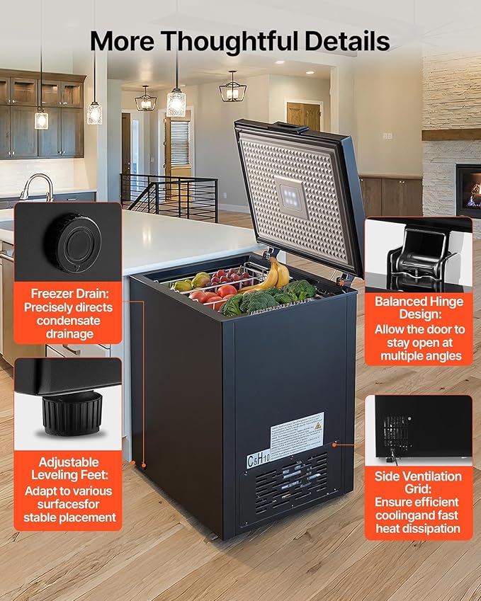 VEVOR Chest Freezer, 5 Cu.ft Compact Deep Freezer, Free Standing Top Open Door Chest Freezers with 2 Removable Baskets & Adjustable Thermostat - Energy Saving, Low Noise & Garage Ready, Black