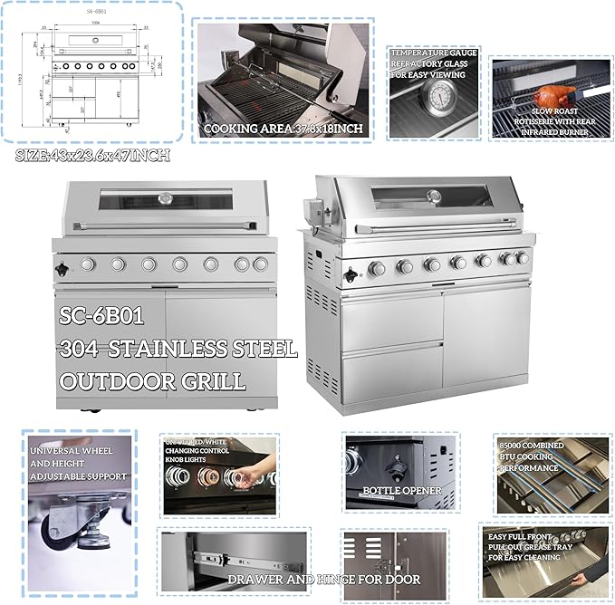 96'' 6-Burner 85000 BTU Deluxe Stainless Steel Natural Gas Outdoor Kitchen Island with Grill, Wine Cooler Compact Refrigerator, Rotisserie Kit, Granite Countertops, Stainless Steel Sink, Silver