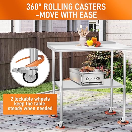 Stainless Steel Prep Table 24" X 30" with Adjustable Undershelf, Backsplash and Wheels, Commercial Metal Workstations for Kitchen, Garage, Outdoor BBQ