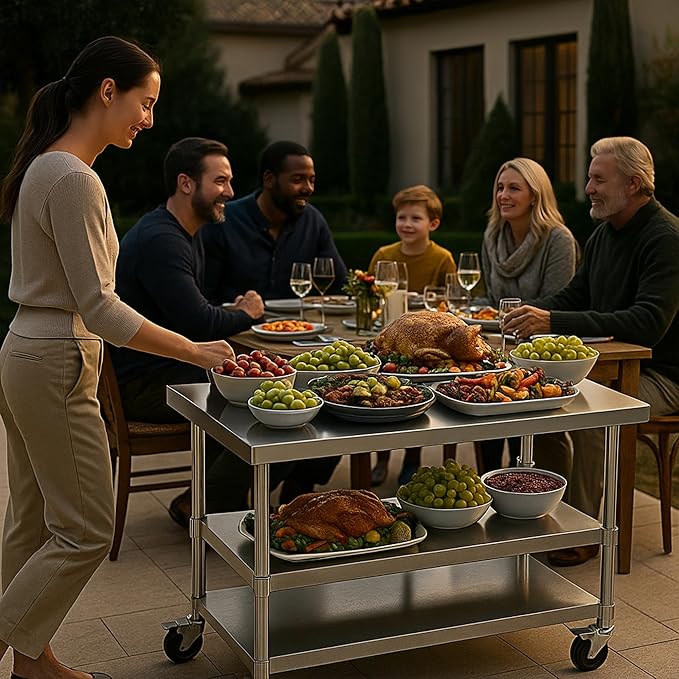 Stainless Steel Table with Wheels for Food Preparation and Work, Multi-Size Optional, Three-Layer Variable Two-Layer Metal Commercial Workbench Outdoor, Restaurant, Kitchen (48" Lx32 Wx34 H)