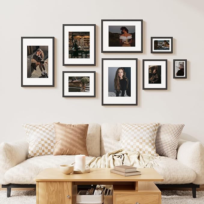 Vittanly 8.5x11 Picture Frame Set of 2, Solid Wood Frame for Wall or Tabletop, Display Photo 6x8 with Mat or 8.5x11 without Mat, Black