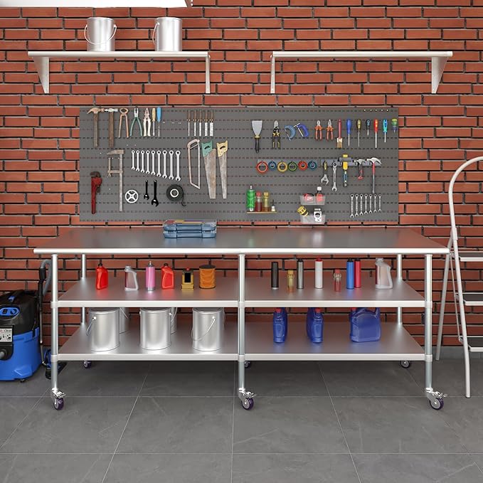 AmGood Stainless Steel Work Table with 2 Shelves and Casters | Metal Utility Table On Wheels (Stainless Steel, 96" Long x 30" Deep)