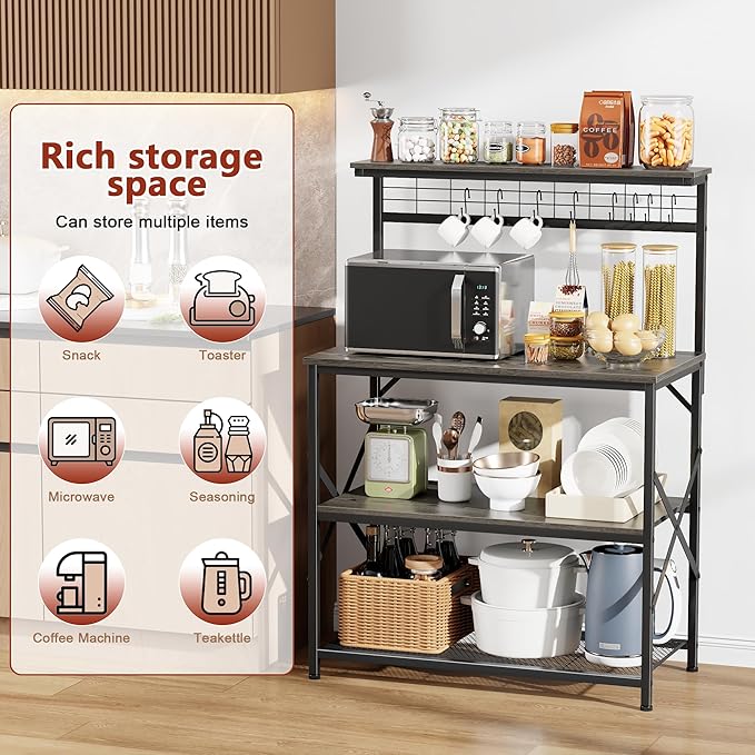 Furologee Kitchen Bakers Rack with Hutch,Coffee Stand with Storage 4 Tiers,Coffee Bar Station with a 31.5 Inch Larger Desktop and 8 S Hooks,Kitchen Microwave Rack for Spices,Pots,Rustic Brown