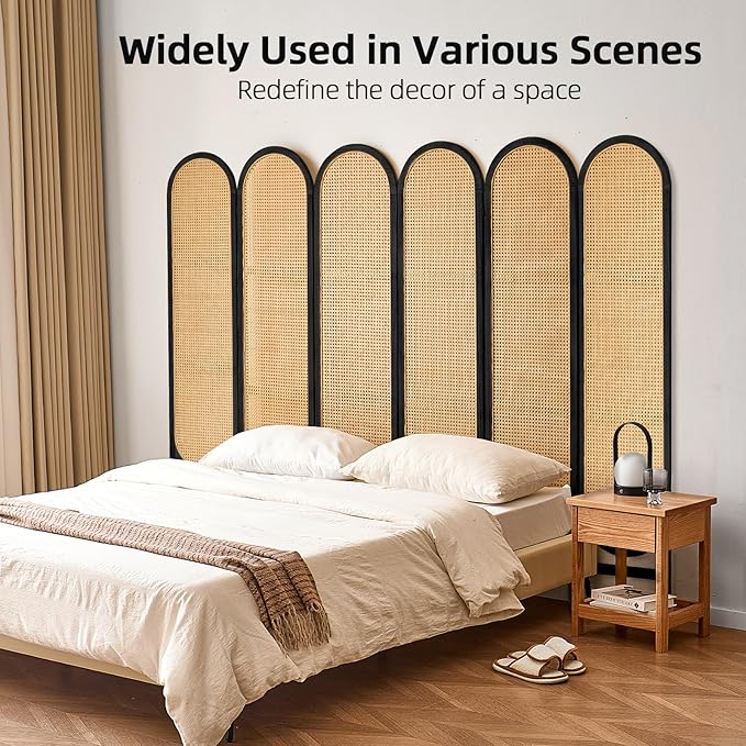 6 Panel Room Divider, Hand-Woven Rattan Room Divider Screen, Folding Privacy Screens with Double Hinges, Wooden Freestanding Wall Divider for Room Separation Bedroom Home Office - Black