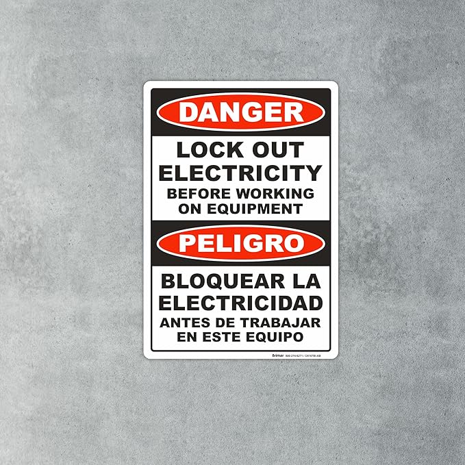 Brimar - 7 x 10" - Bilingual Danger Lock Out Electricity Sign - Lock Out Electricity Before Working On Equipment - 3.5 Mil InfiniStick™ Vinyl Label - Easy Installation - Bilingual Warning
