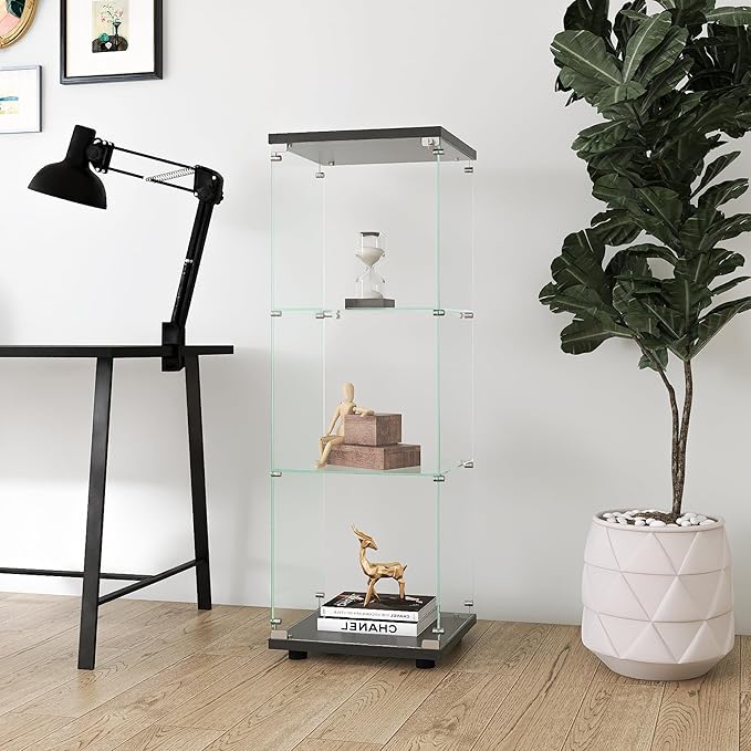 Yoluckea 3 Shelves Glass Display Cabinet with Door,Floor Standing Clear Glass Curio Cabinet Collection Display Case for Living Room Bedroom 49.41”x15.16”x13.58” Black (Quick Assembly)
