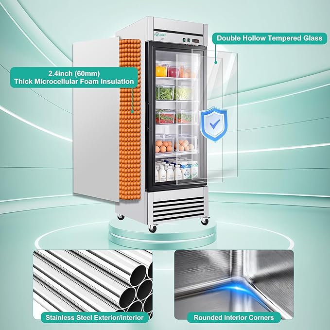 27" Commercial Glass Door Refrigerator, 23 Cu.Ft Single Door Reach-In Cooler, 33-40℉, Low-E Tempered Double Glass, 4 Shelves, R290