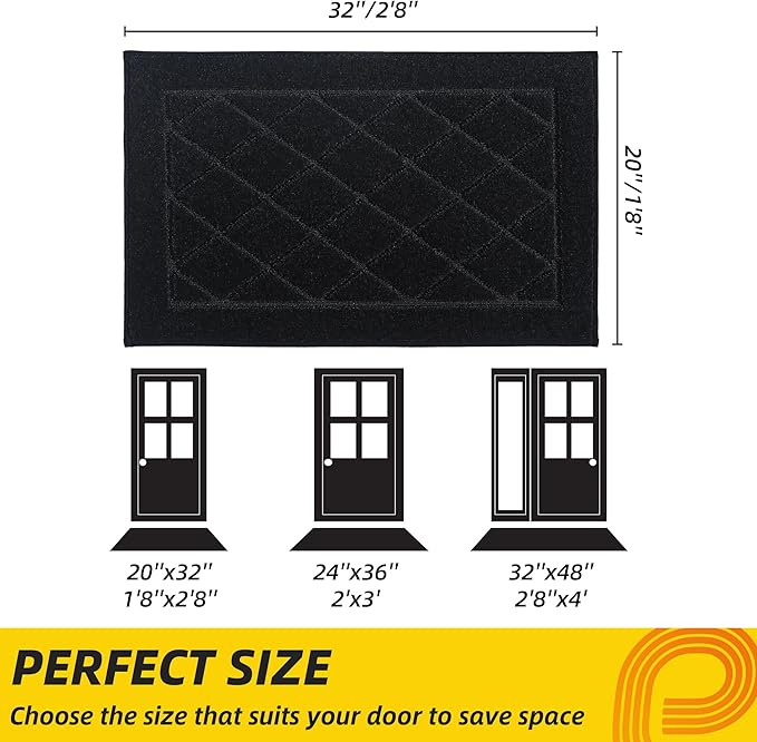 JSEI Dirt Trapper Door Mat 20"x32", Non-Slip Washable Entryway Mats, Dog Door Mat, Stain Resistant and Absorbent Floor Mats, Low Profile Welcome Mat for Front Back Door, Black