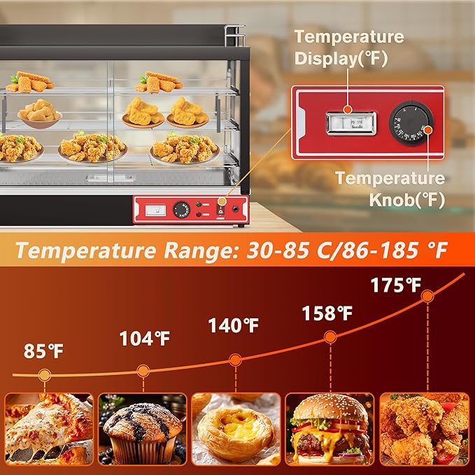 35inch 3-Tier Commercial Food Warmer with Top Rack for Milk Juice, Countertop Heat Holding Cabinet Display Case for Pizza/Pretzel, Three Color Lighting, w/Thermometer for Cafeteria Kitchen Restaurant
