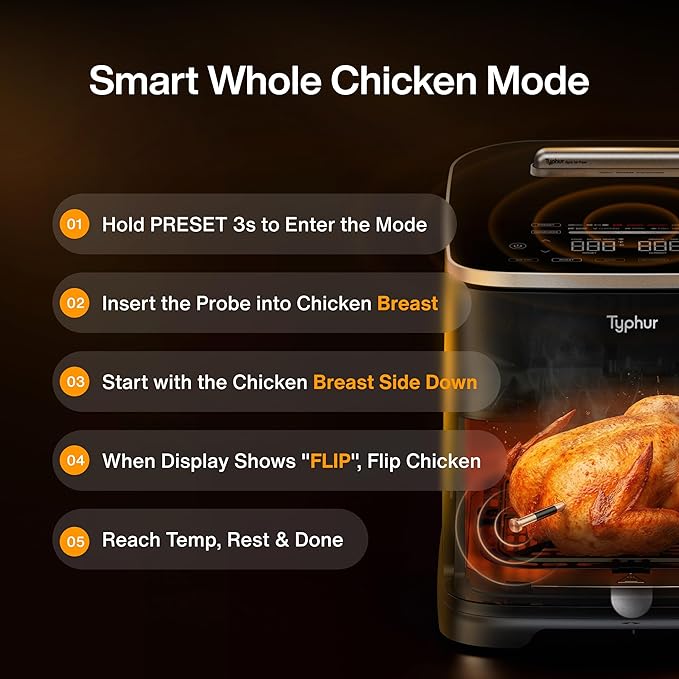 Typhur 8QT Sync Air Fryer with Built-in Wireless Meat Thermometer, 9-in-1 Smart Non Toxic Ceramic Airfryer for Quick Easy Meals, 450°F Max, Cooks 6lb Whole Chicken, Dishwasher Safe, 120V