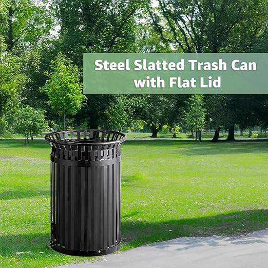 45 Gallon Commercial Black Waste Bin with Flat Lid, Heavy-Duty Outdoor Trash Can Steel Slatted, Round Recycle Container, Durable Garbage Can for Parks, Municipalities, Schools, Parking