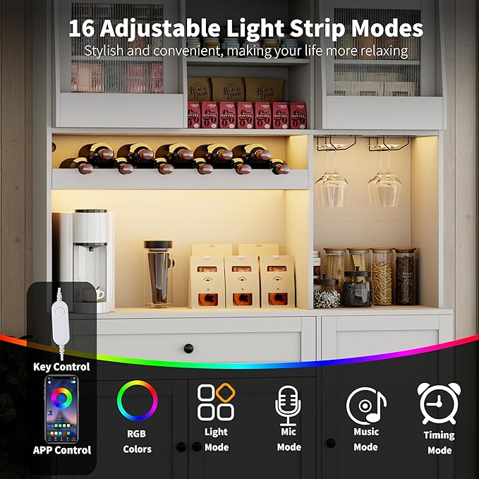 71" Pantry Cabinet with LED Light & Outlet, Kitchen Hutch Storage Cabinet with 6 Adjustable Shelves and 3 Hanging Rack Shelves,Food Pantry for Kitchen, Dining Room or Living Room, White