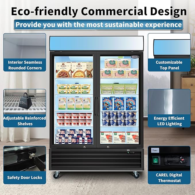 Glass Door Merchandiser Freezer 44.7 Cu.ft Swing Door Commercial Reach-In Display Freezers with LED Top Panel Upright Freeze Storage (2 Door)