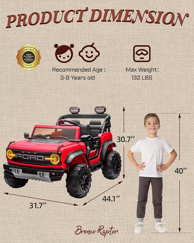First Ride On Ford Bronco 24V Ride on Toys for Boys & Girls, 2 Seater Kids Electric Car with Remote Control, Kids Ride on Truck with 4 Wheels Suspension, Led Lights, Safety Belt (24V, Red)